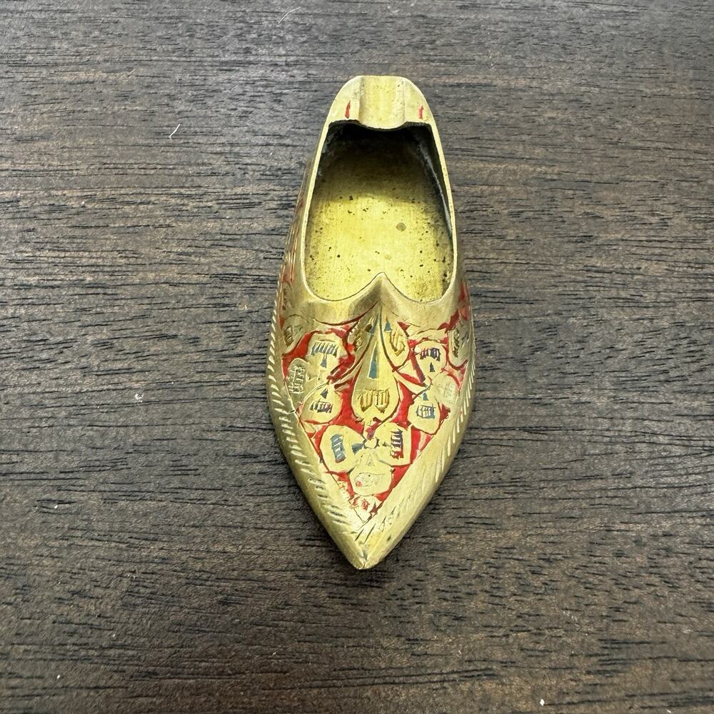 Vintage Brass Shoe Ashtray Hand Etched Red Slipper India Genie Aladdin